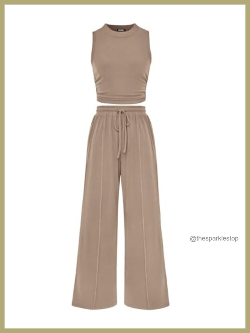 Ribbed Knit 2 Piece Outfit Sleeveless Crop Top Wide Leg Pants Set